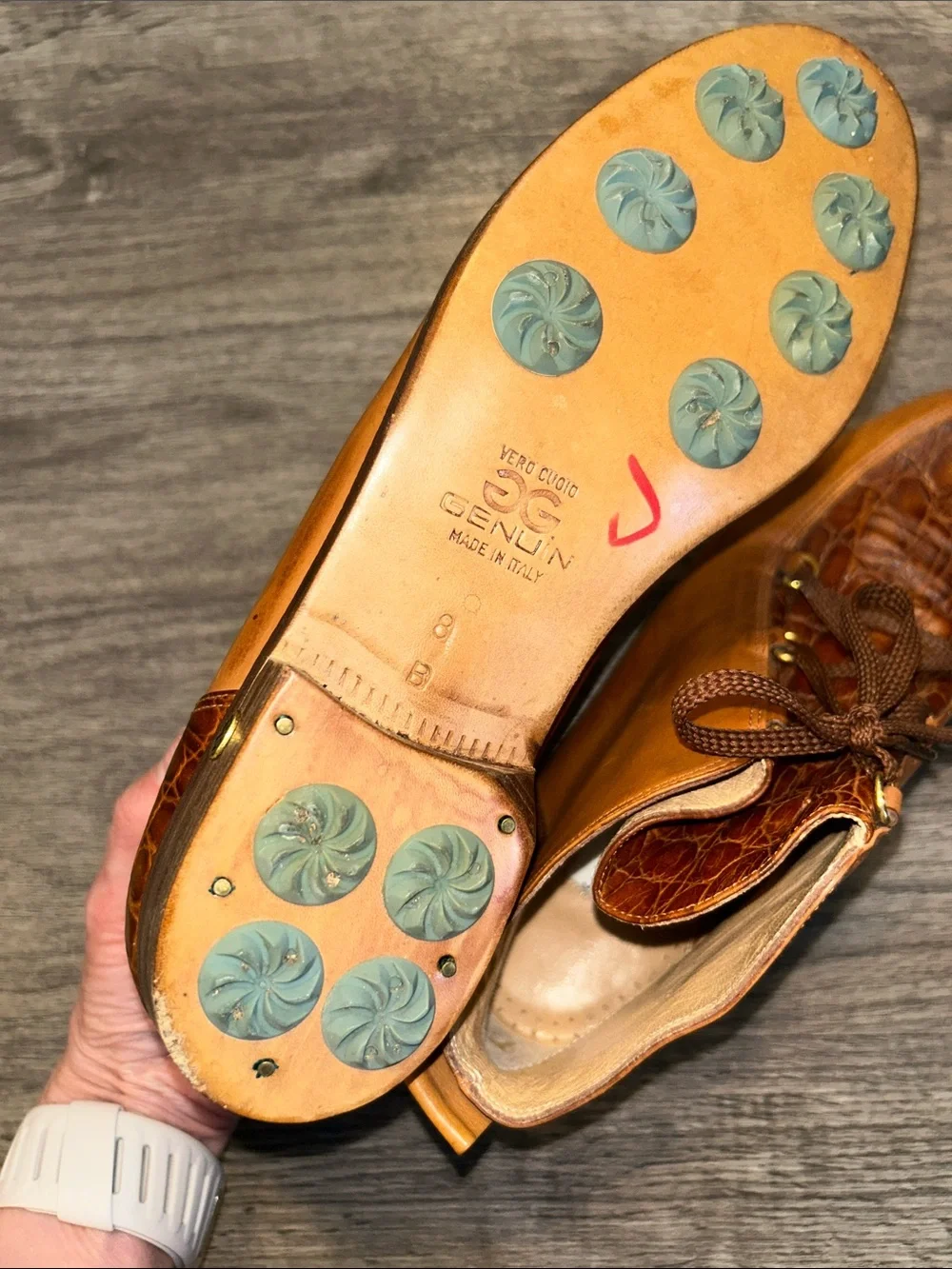 Walter Genuin Made in Italy Golf Shoes Cognac Leather Crocodile Embossed 8B